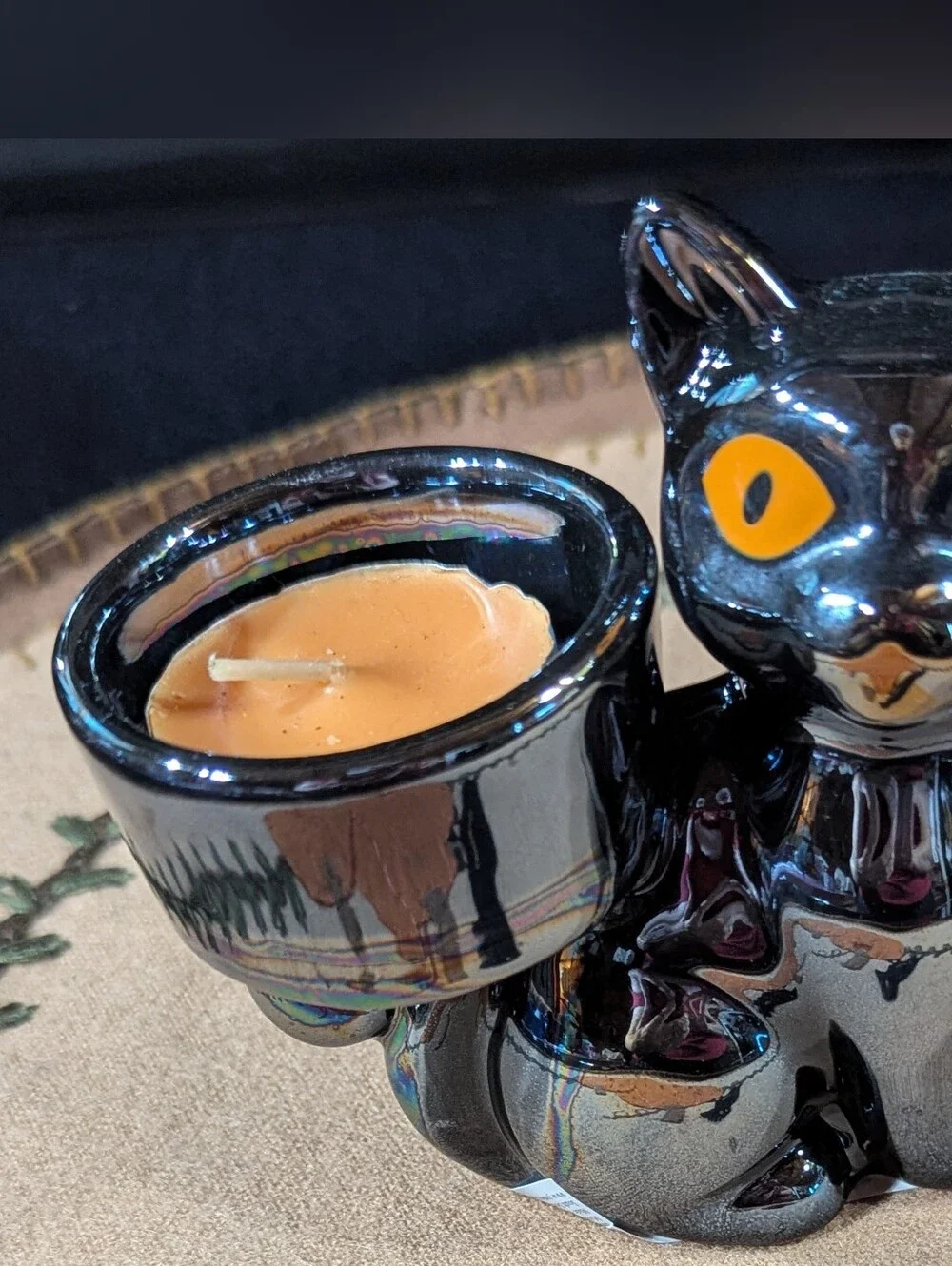 Yankee Candle Twilight Whisker Black Ceramic Cat Tealight Holder Orange Eyes